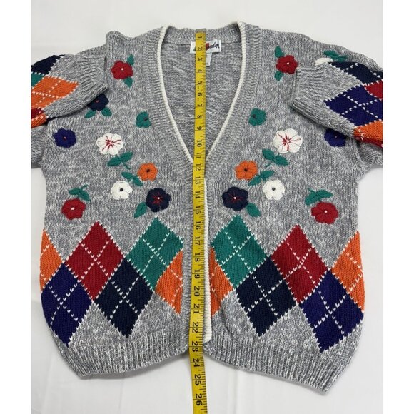 Vtg Cardigan Sweater Women L Floral Yarn Embroidery Argyle Chunky 90s Y2K Preppy - Picture 6 of 11